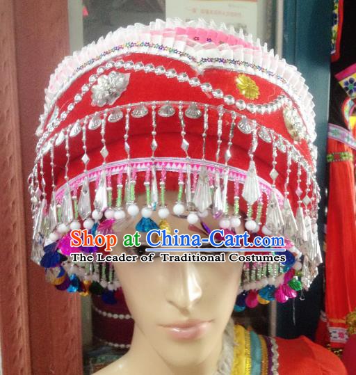 Traditional Chinese Bai Nationality Hair Accessories Red Hats Yi Ethnic Minority Headwear for Women