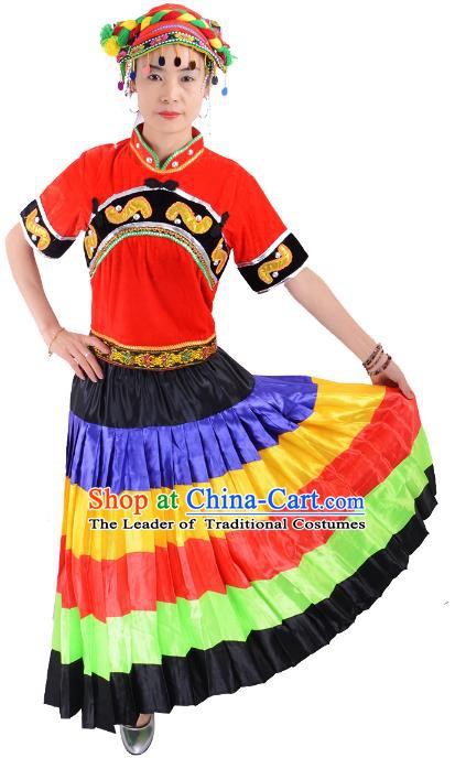 Traditional Chinese Yi Nationality Dance Costume, Female Folk Dance Yi Ethnic Minority Clothing for Women