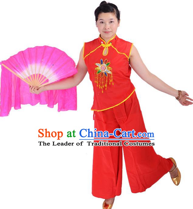 Traditional Chinese Classical Dance Yangge Fan Dancing Costume, Folk Dance Drum Dance Uniform Yangko Red Costume for Women