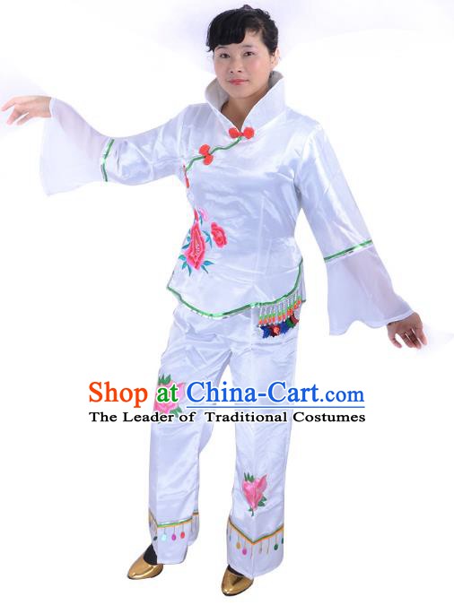 Traditional Chinese Classical Dance Yangge Fan Dancing Costume, Folk Dance Drum Dance White Uniform Yangko Costume for Women