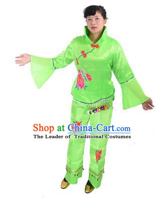 Traditional Chinese Classical Dance Yangge Fan Dancing Costume, Folk Dance Drum Dance Green Uniform Yangko Costume for Women