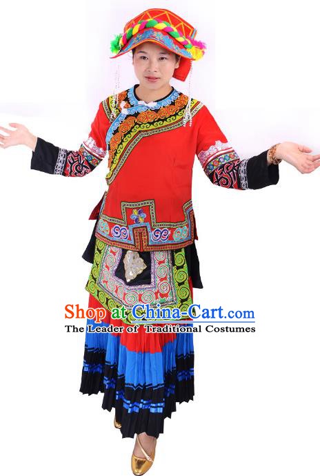 Traditional Chinese Yi Nationality Minority Dance Costume, Female Folk Dance Yi Ethnic Pleated Skirt Clothing for Women