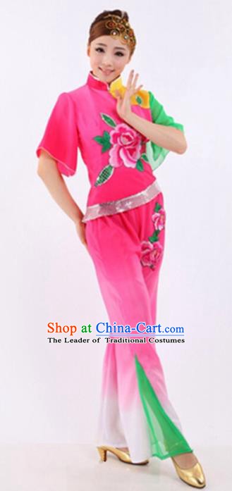 Traditional Chinese Classical Dance Yangge Fan Dancing Costume, Folk Dance Drum Dance Pink Uniform Yangko Costume for Women