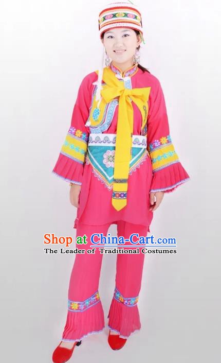 Traditional Chinese Sani Nationality Minority Dance Pink Costume, Female Folk Dance Yi Ethnic Clothing for Women