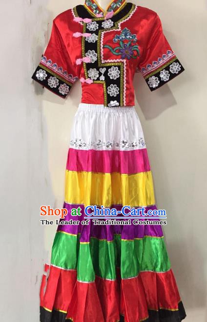 Traditional Chinese Yi Nationality Performance Dance Dress Folk Dance Ethnic Embroidered Costume for Women