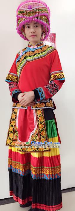 Traditional Chinese Yi Nationality Performance Embroidered Costume Folk Dance Ethnic Red Dress Clothing for Women