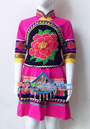 Traditional Chinese Yi Nationality Minority Embroidered Costume Rosy Dress Folk Dance Clothing for Kids