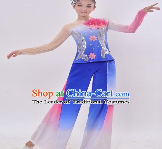 Traditional Chinese Folk Dance Fan Dance Blue Costume, Chinese Yangko Drum Dance Clothing for Women