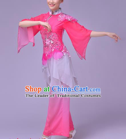 Traditional Chinese Folk Dance Fan Dance Pink Costume, Chinese Yangko Drum Dance Clothing for Women