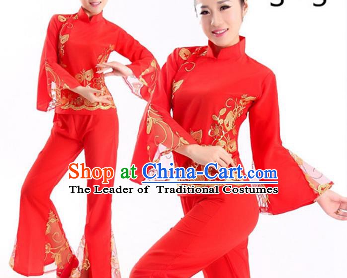 Traditional Chinese Folk Dance Fan Dance Red Costume, Chinese Yangko Drum Dance Clothing for Women