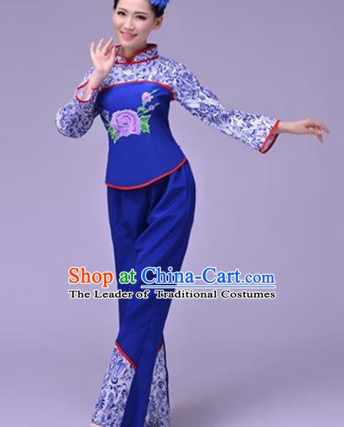 Traditional Chinese Folk Dance Fan Dance Blue Costume, Chinese Yangko Drum Dance Clothing for Women