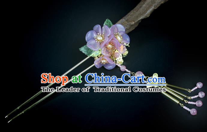 Chinese Ancient Handmade Hair Accessories Purple Flowers Hair Clips Tassel Step Shake Hairpins for Women