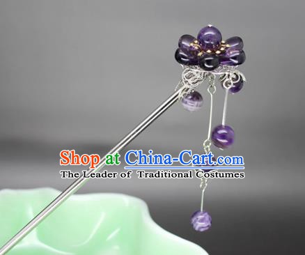 Chinese Ancient Handmade Hair Accessories Purple Beads Tassel Step Shake Hair Stick Hairpins for Women