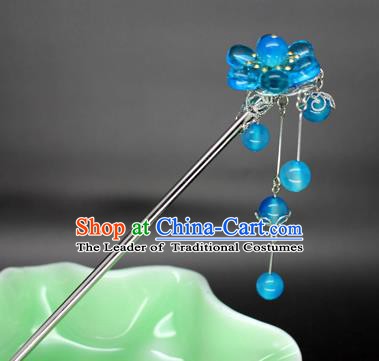 Chinese Ancient Handmade Hair Accessories Deep Blue Beads Tassel Step Shake Hair Stick Hairpins for Women