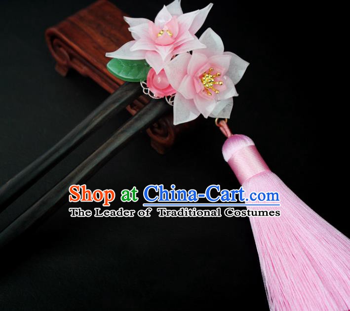 Chinese Ancient Handmade Hair Accessories Classical Hairpins Pink Lotus Tassel Hair Clips for Women