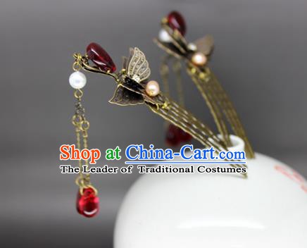 Chinese Ancient Handmade Hair Accessories Classical Red Crystal Tassel Hairpins Butterfly Hair Comb for Women