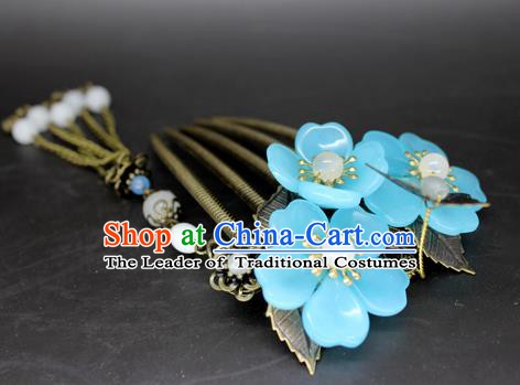 Chinese Ancient Handmade Hair Accessories Hairpins Classical Hanfu Blue Flowers Tassel Hair Comb for Women