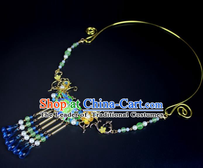 Chinese Ancient Handmade Accessories Blueing Necklace Crystal Tassel Necklet for Women