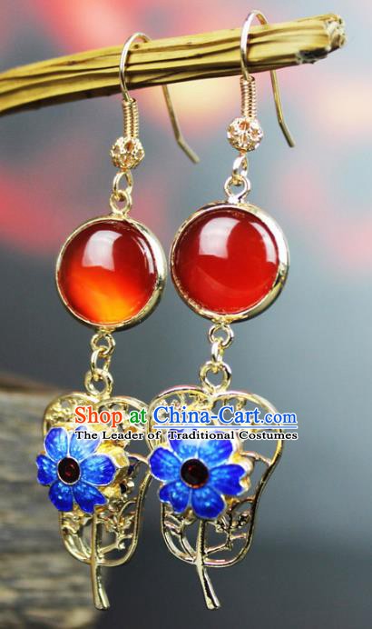 Chinese Ancient Handmade Accessories Agate Earrings Blueing Eardrop for Women