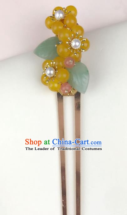 Chinese Ancient Handmade Hair Accessories Yellow Beads Hair Clip Classical Hanfu Hairpins for Women