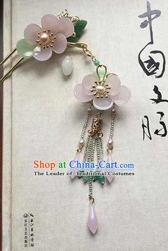 Chinese Handmade Ancient Hairpins Hair Accessories Classical Hanfu Pink Flowers Tassel Step Shake for Women