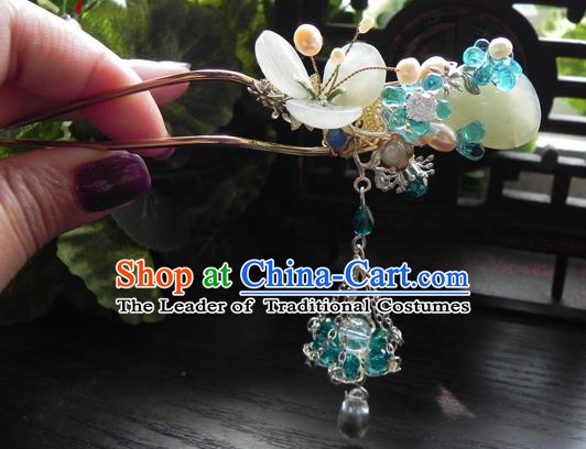 Chinese Handmade Ancient Green Beads Tassel Hairpins Hair Clip Classical Hanfu Hair Accessories for Women