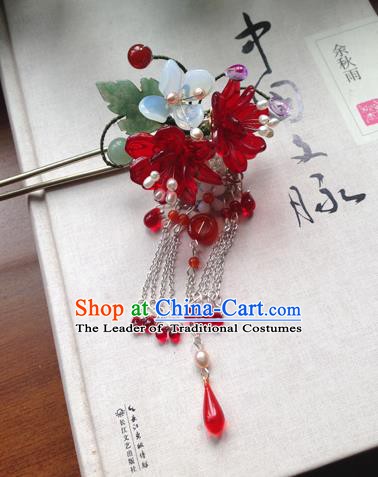 Chinese Ancient Hanfu Tassel Handmade Red Flowers Hairpins Hair Accessories Hair Clip for Women