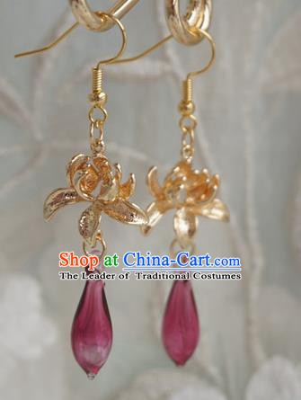 Chinese Handmade Ancient Golden Lotus Earrings Accessories Hanfu Crystal Eardrop for Women
