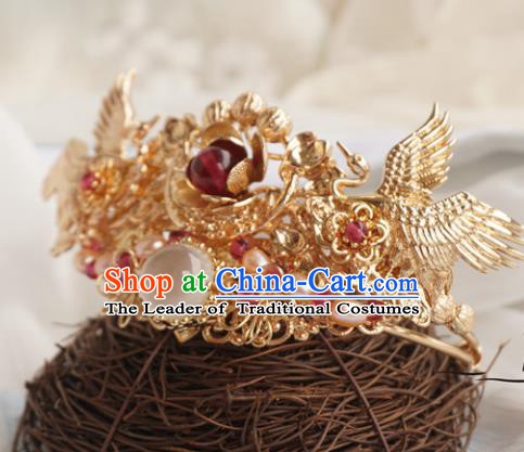 Chinese Ancient Handmade Golden Crane Hair Crown Hanfu Hairpins Hair Accessories for Women