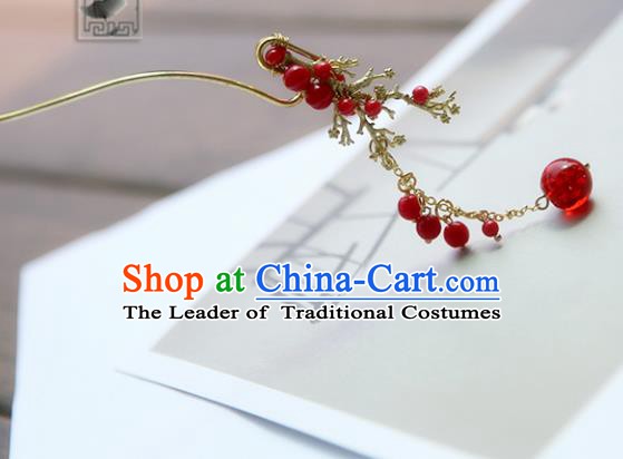 Chinese Ancient Handmade Hanfu Red Beads Tassel Step Shake Hairpins Hair Accessories for Women