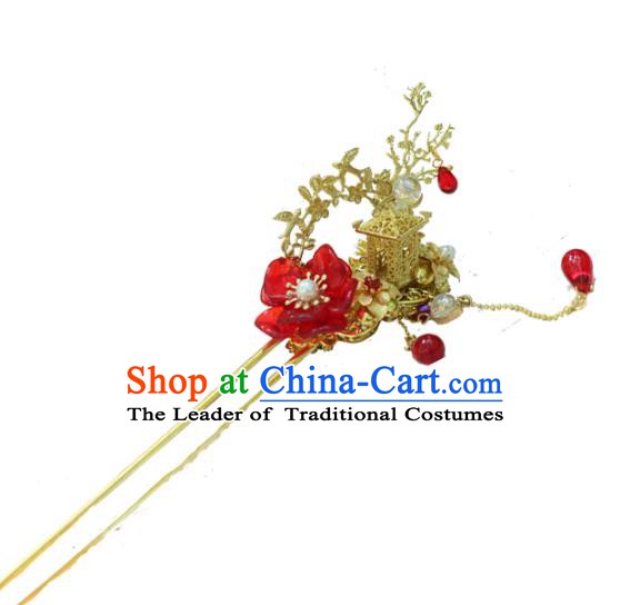 Chinese Ancient Handmade Hanfu Hairpins Palace Lady Red Flower Hair Clip Hair Accessories for Women