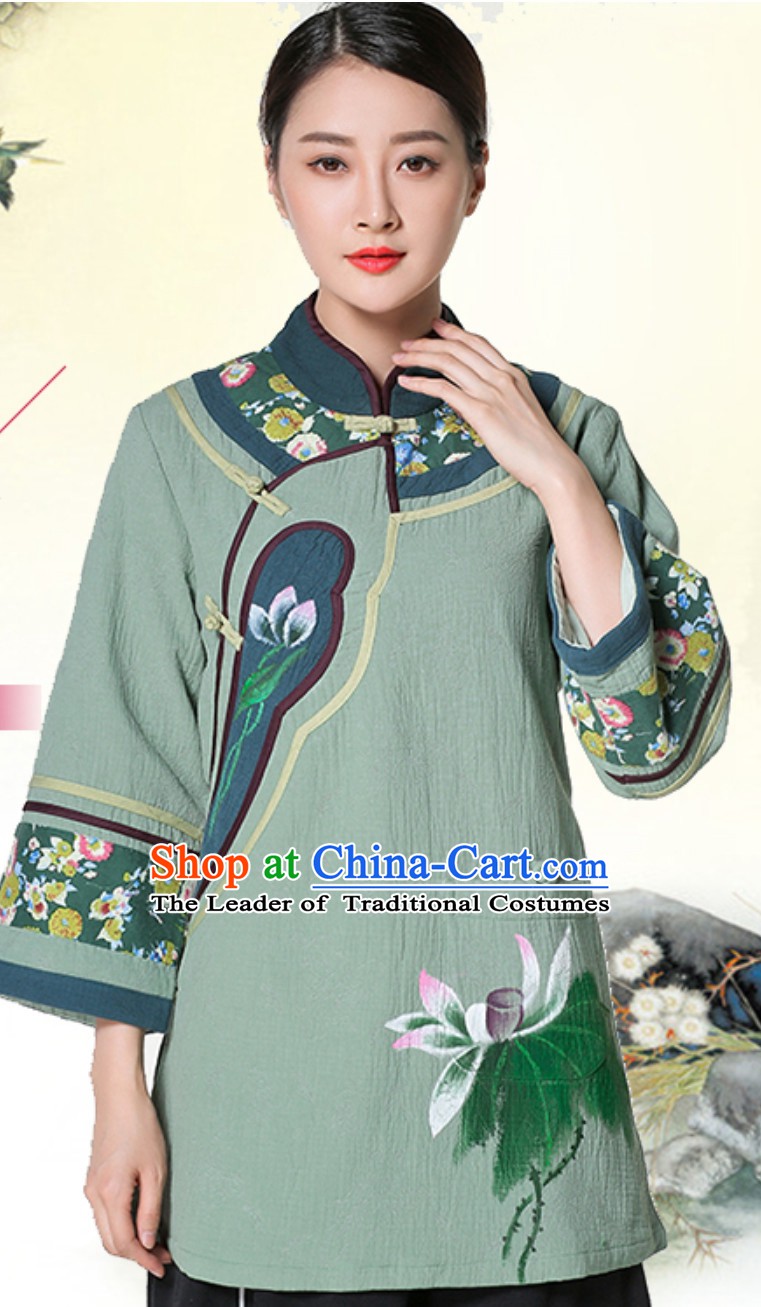 Hands Painted Top Traditional Chinese Tai Chi Kongfu Taiji Long Blouse Clothing