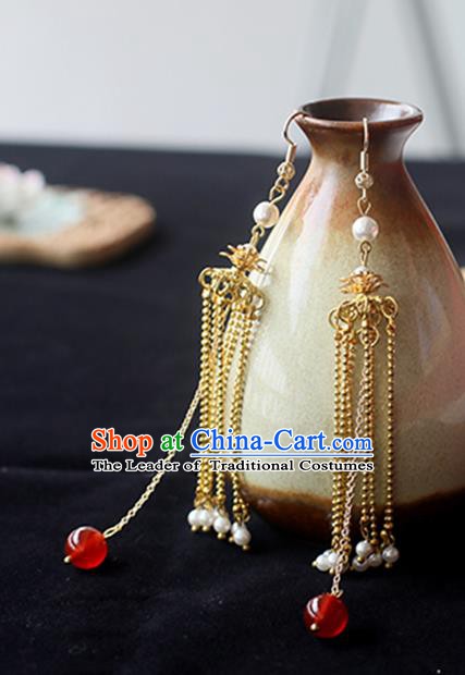 Chinese Handmade Ancient Jewelry Accessories Golden Eardrop Hanfu Long Tassel Earrings for Women
