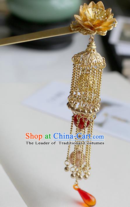 Chinese Ancient Hanfu Handmade Hair Clips Golden Tassel Lotus Hairpins Hair Accessories for Women