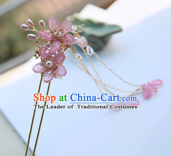Chinese Ancient Hanfu Handmade Pink Flowers Hairpins Step Shake Hair Accessories for Women