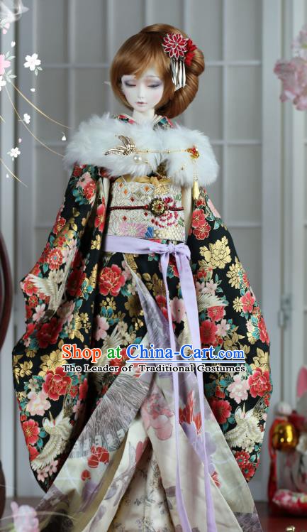 Traditional Asian Japan Costume Japanese Courtesan Black Kimono Vibration Sleeve Kimono for Women