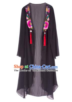 Traditional China National Costume Chinese Tang Suit Embroidered Black Cardigan for Women