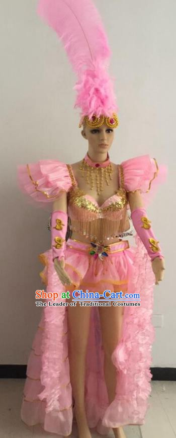 Top Grade Catwalks Pink Feather Costume Brazilian Carnival Samba Dance Bikini Clothing and Headdress for Women