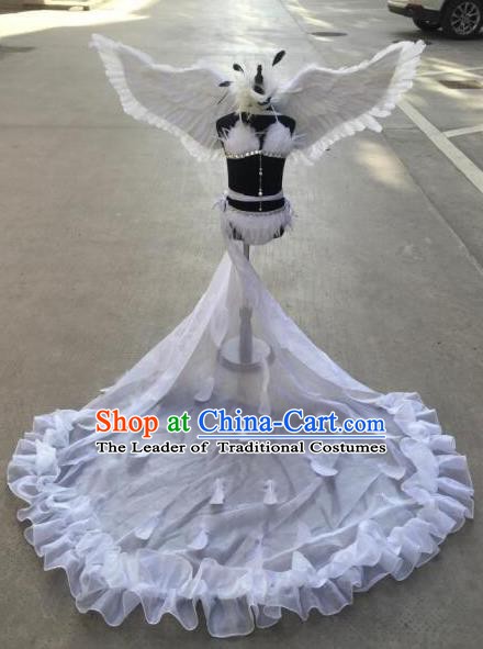 Top Grade Children Stage Performance Costume Modern Dance White Feather Bikini Dress and Wings for Kids