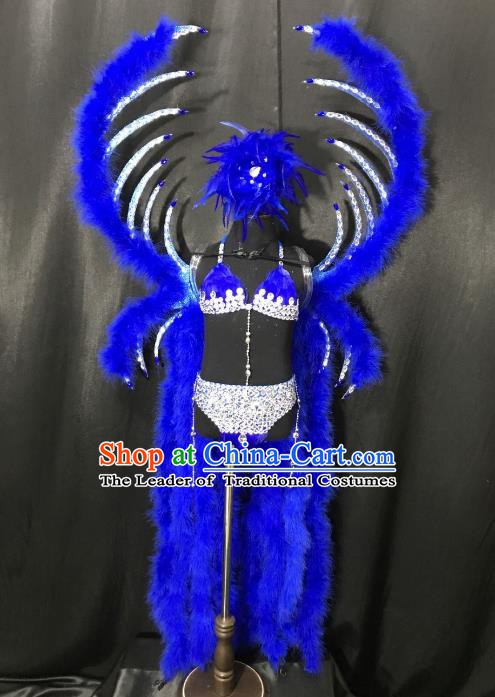 Top Grade Children Stage Performance Costume Catwalks Blue Feather Bikini Dress with Wings for Kids