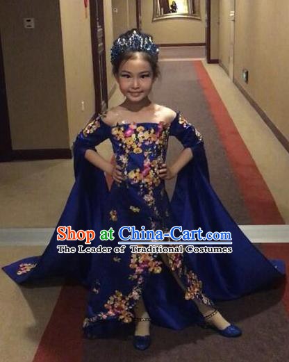 Top Grade Children Stage Performance Costume Girls Blue Cheongsam Dress Catwalks Clothing for Kids