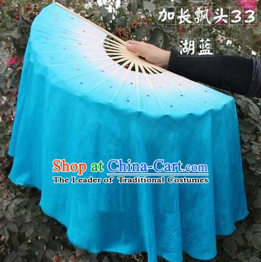 Top Grade Chinese Folk Dance Folding Fans Yangko Dance Blue Silk Ribbon Fan for Women