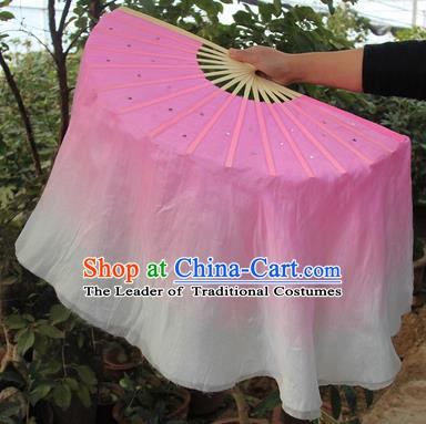 Top Grade Chinese Folk Dance Pink Folding Fans Yangko Dance Silk Ribbon Fan for Women