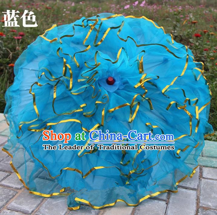 Top Grade Chinese Folk Dance Umbrella Yangko Dance Classical Dance Blue Silk Umbrella for Women