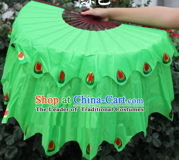 Chinese Handmade Folk Dance Peacock Folding Fans Yangko Dance Green Silk Ribbon Fan for Women