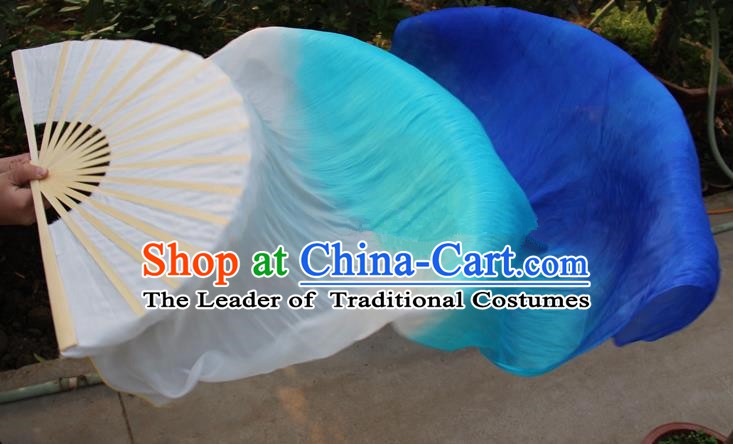 Chinese Handmade Folk Dance Folding Fans Yangko Dance Gradient Blue Silk Ribbon Fan for Women