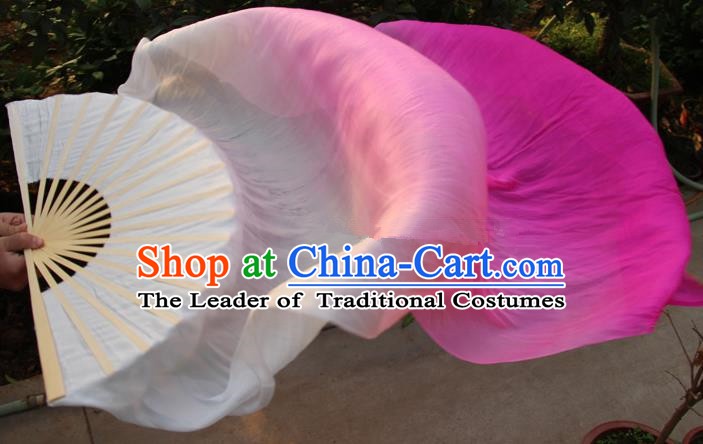 Chinese Handmade Folk Dance Folding Fans Yangko Dance Gradient Pink Silk Ribbon Fan for Women