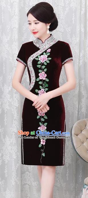 Chinese Traditional Elegant Cheongsam Embroidery Purplish Red Velvet Qipao Dress National Costume for Women