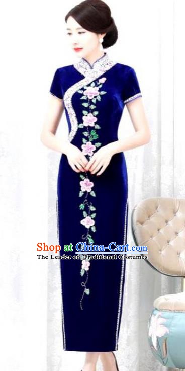 Chinese Traditional Elegant Royalblue Velvet Cheongsam Embroidery Qipao Dress National Costume for Women