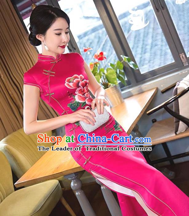 Chinese Traditional Elegant Printing Peony Rosy Silk Cheongsam National Costume Qipao Dress for Women